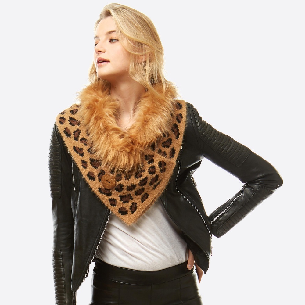 Leopard Print Knit Scarf/Shawl With Faux Fur